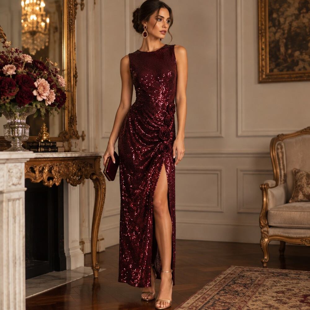 Avec Les Filles Sequin‑Embellished Gown – Burgundy – Size 4 – NWT